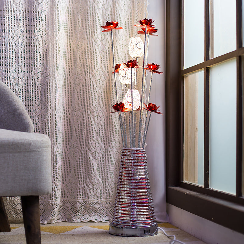 Conical Aluminum Standing Lamp Decorative LED Bedroom Floor Reading Light with Rose and Oval Design Red Clearhalo 'Floor Lamps' 'Lamps' Lighting' 1290275