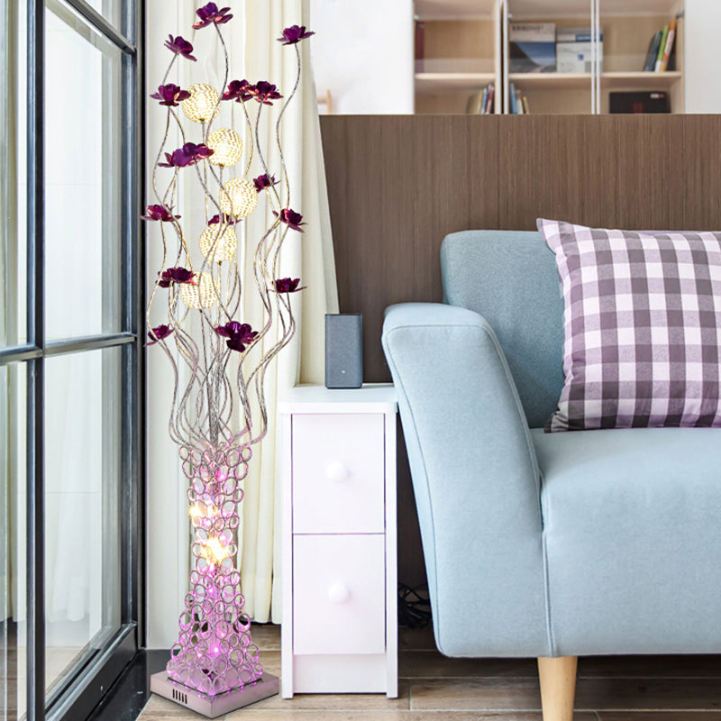 Metal Purple Floral Standing Light Tree Branch LED Decorative Floor Reading Lamp with Hollowed Trapezoid Base Purple Clearhalo 'Floor Lamps' 'Lamps' Lighting' 1290283