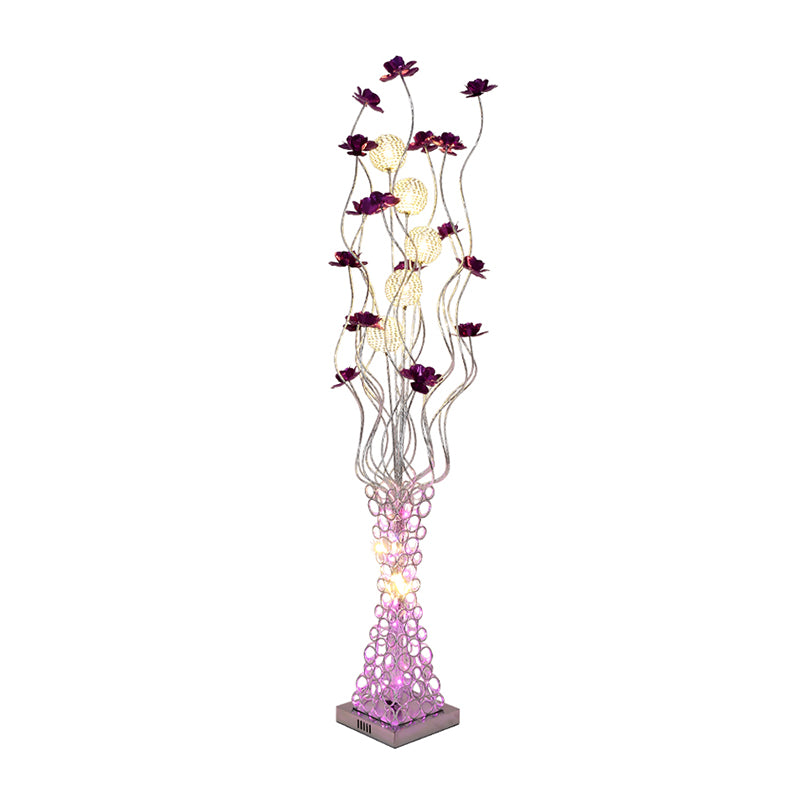Metal Purple Floral Standing Light Tree Branch LED Decorative Floor Reading Lamp with Hollowed Trapezoid Base Clearhalo 'Floor Lamps' 'Lamps' Lighting' 1290284