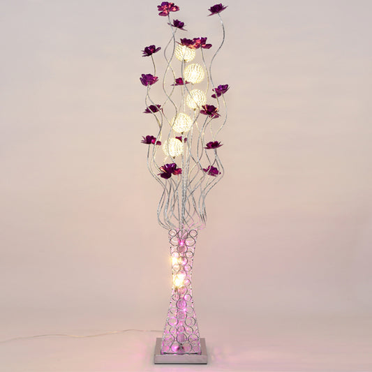 Metal Purple Floral Standing Light Tree Branch LED Decorative Floor Reading Lamp with Hollowed Trapezoid Base Clearhalo 'Floor Lamps' 'Lamps' Lighting' 1290285