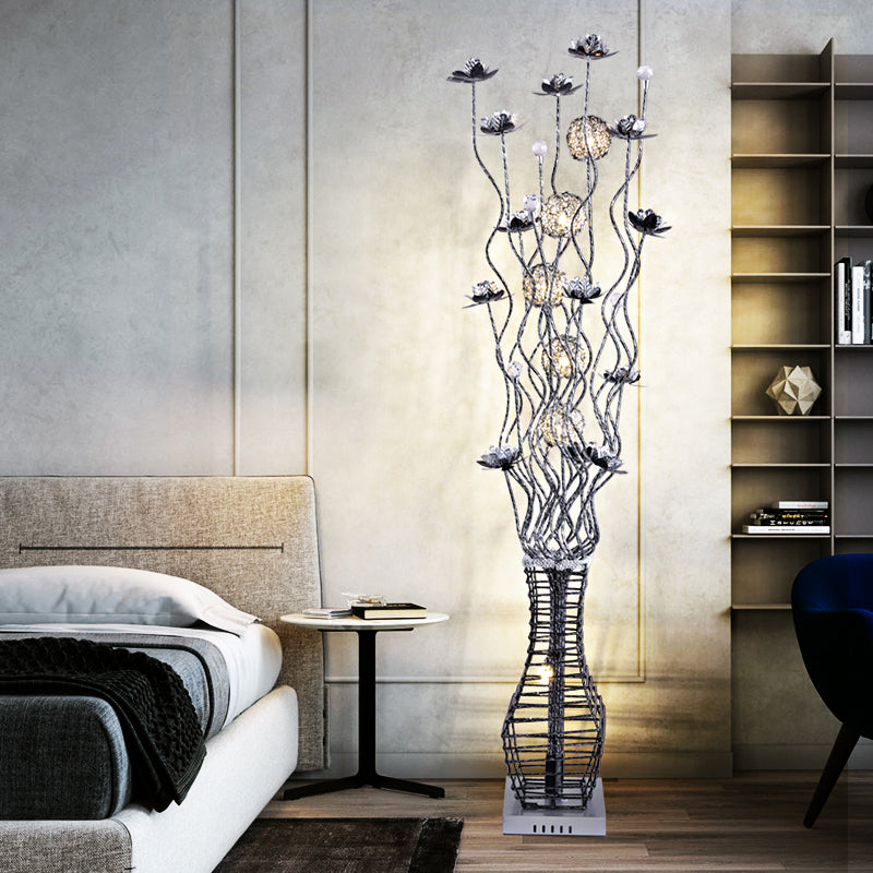 Aluminum Tree Branch Stand Up Light Decorative Bedside LED Bloom Floor Lamp with Vase Pedestal in Black and Silver/Red Clearhalo 'Floor Lamps' 'Lamps' Lighting' 1290308