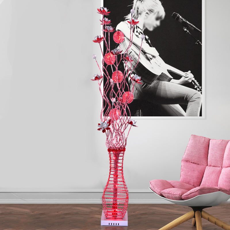 Aluminum Tree Branch Stand Up Light Decorative Bedside LED Bloom Floor Lamp with Vase Pedestal in Black and Silver/Red Clearhalo 'Floor Lamps' 'Lamps' Lighting' 1290312