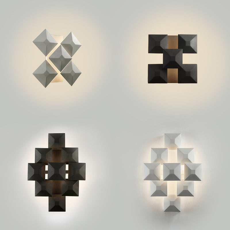 Modernist 1/3-Light Sconce Lighting with Metal Shade Black/White Geometric Wall Lamp for Stairway Clearhalo 'Cast Iron' 'Glass' 'Industrial' 'Modern wall lights' 'Modern' 'Tiffany' 'Traditional wall lights' 'Wall Lamps & Sconces' 'Wall Lights' Lighting' 129969