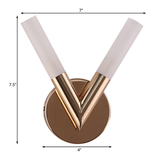 2 Lights Bedroom Sconce Light with V-Shaped White Glass Shade Modern Gold Led Wall Mount Light Clearhalo 'Cast Iron' 'Glass' 'Industrial' 'Modern wall lights' 'Modern' 'Tiffany' 'Traditional wall lights' 'Wall Lamps & Sconces' 'Wall Lights' Lighting' 131776