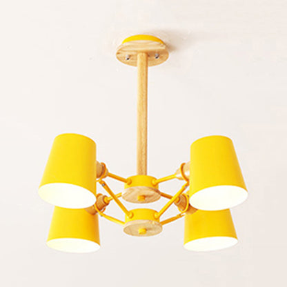 Bedroom Chandelier for Kids, Wood Hanging Fixture with Rod and Tapered Shade Macaron Style 4 Yellow Clearhalo 'Ceiling Lights' 'Chandeliers' Lighting' options 13185_496f51da-7f02-4216-b451-6e64f89f3a89
