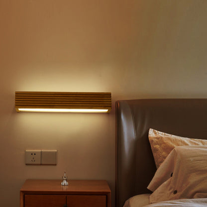 Striped Bedroom Wall Sconce Contemporary Wooden 14"/18"/21.5" Wide 1-Head Beige LED Up and Down Light Fixture in Warm/White Light Wood Clearhalo 'Vanity Lights' 'Wall Lights' Lighting' 132276