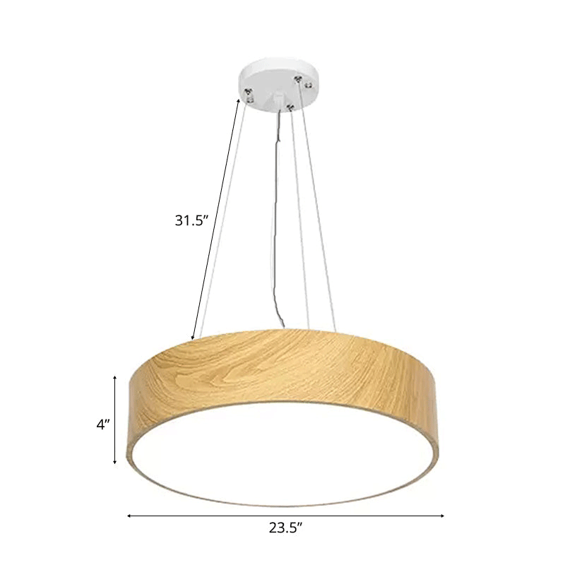 Simplicity Led Suspension Lighting with Drum Wooden Effect Shade Beige Hanging Lamp, 16"/19.5"/23.5" Wide Wood 23.5" Clearhalo 'Ceiling Lights' 'Modern Pendants' 'Modern' 'Pendant Lights' 'Pendants' Lighting' 13234