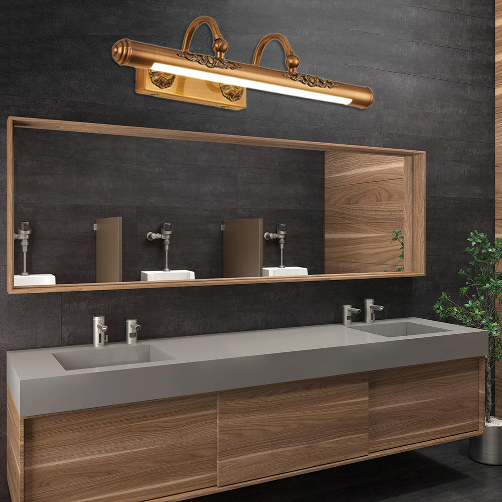 Carved Vanity Light Fixture with Tube Shade Vintage Style Metallic 20.5"/23.5" W LED Golden Wall Lighting for Bathroom Clearhalo 'Cast Iron' 'Glass' 'Industrial' 'Modern wall lights' 'Modern' 'Tiffany' 'Traditional wall lights' 'Vanity Lights' 'Wall Lights' Lighting' 132395