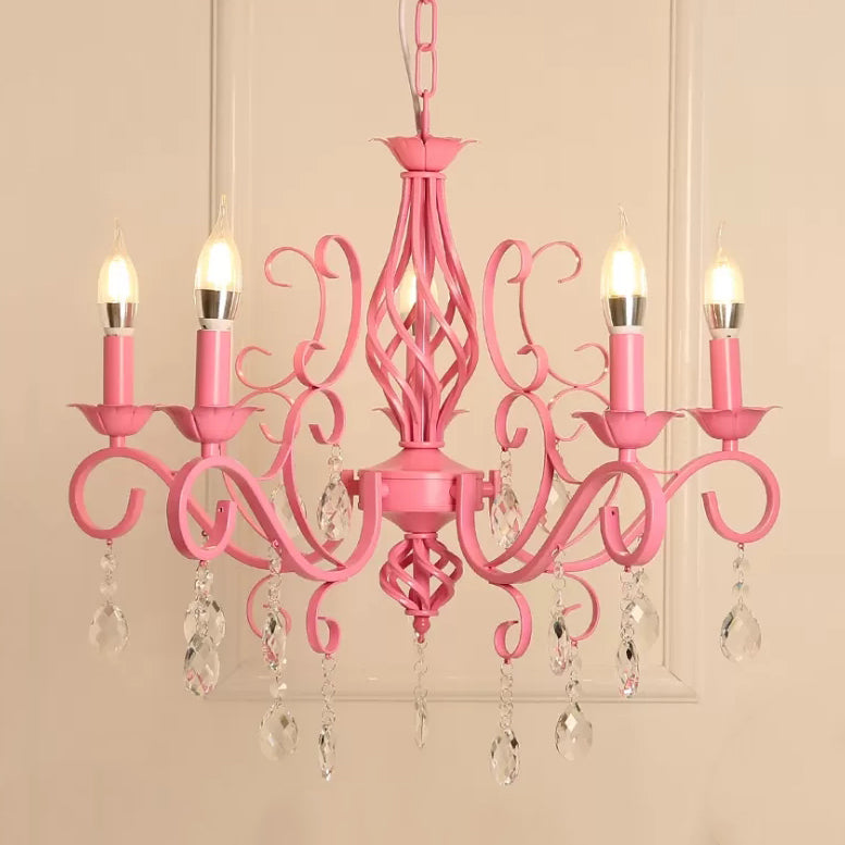Bedroom Chandelier Ceiling Light for Girls, Hanging Lamp in Pink with Candle and Clear Crystal Modern Style 5 Pink Clearhalo 'Ceiling Lights' 'Chandeliers' Lighting' options 13336_08f8a73d-fccd-442c-a167-a1ed5a501159