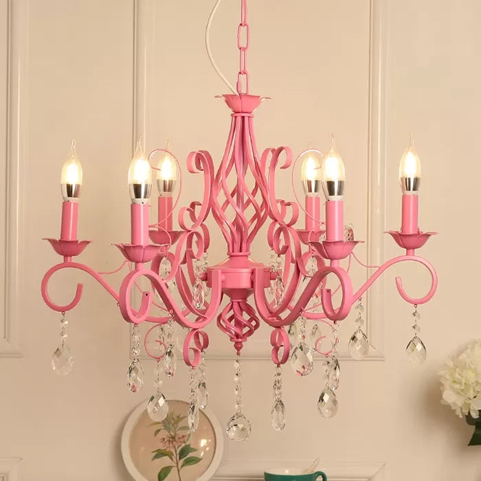Bedroom Chandelier Ceiling Light for Girls, Hanging Lamp in Pink with Candle and Clear Crystal Modern Style 6 Pink Clearhalo 'Ceiling Lights' 'Chandeliers' Lighting' options 13339_28684eb7-fe49-406d-a24f-02622b98171b