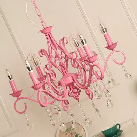 Bedroom Chandelier Ceiling Light for Girls, Hanging Lamp in Pink with Candle and Clear Crystal Modern Style Clearhalo 'Ceiling Lights' 'Chandeliers' Lighting' options 13340