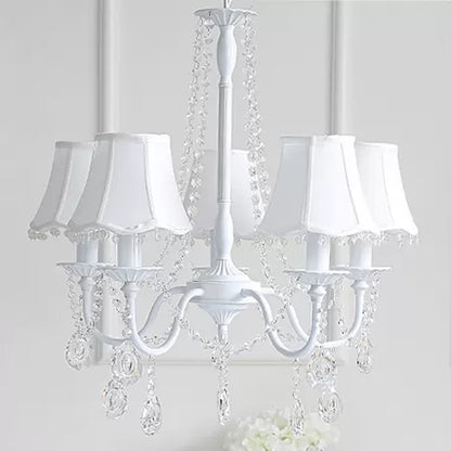 Baby Crystal Chandelier, 5-Light Macaron Hanging Fixture with Flared Fabric Shade, 23.5" High x 22.5" in Diameter White Clearhalo 'Ceiling Lights' 'Chandeliers' Lighting' options 13396_92394caa-eef4-4824-9837-5b260e9df103