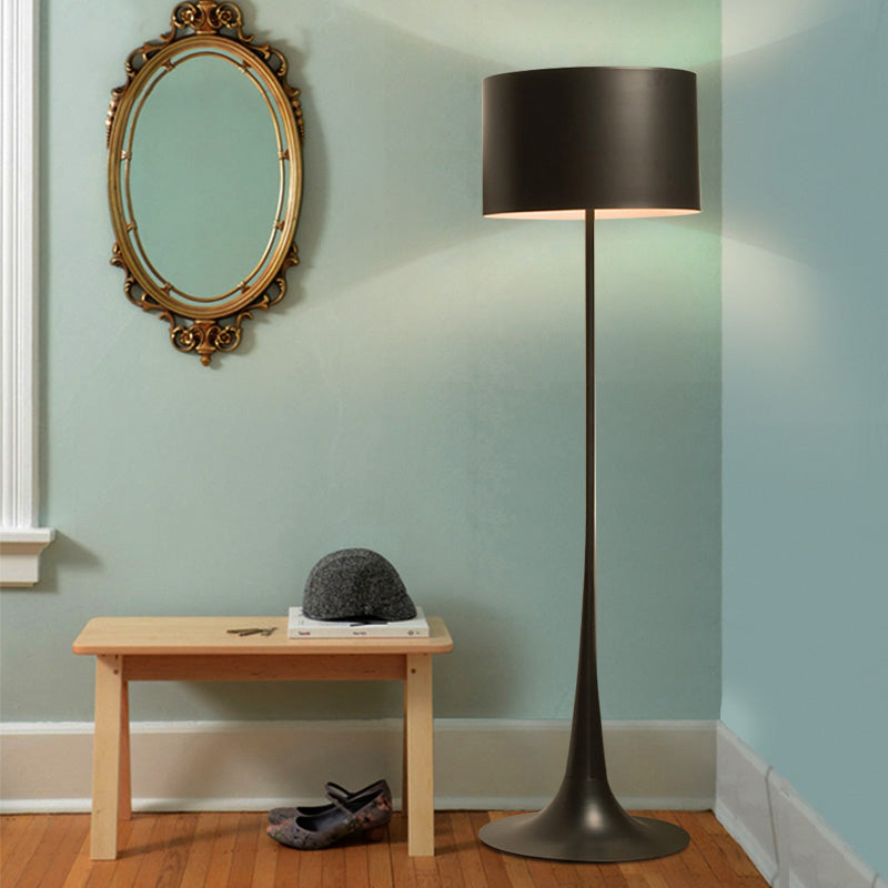 Black/White Drum Shade Floor Lamp Modern Style 1 Light Aluminum Floor Light for Living Room, 12"/16" Width Black Clearhalo 'Floor Lamps' 'Lamps' Lighting' 134956