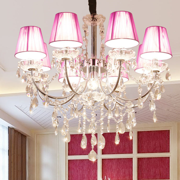 Kids Bedroom Lighting Crystal Chandelies 8 Light Fabric Shade Hanging Light in Nickel Finish Clearhalo 'Ceiling Lights' 'Chandeliers' Lighting' options 135106