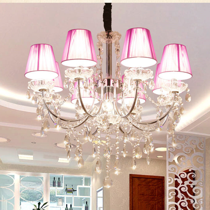Kids Bedroom Lighting Crystal Chandelies 8 Light Fabric Shade Hanging Light in Nickel Finish Clearhalo 'Ceiling Lights' 'Chandeliers' Lighting' options 135107