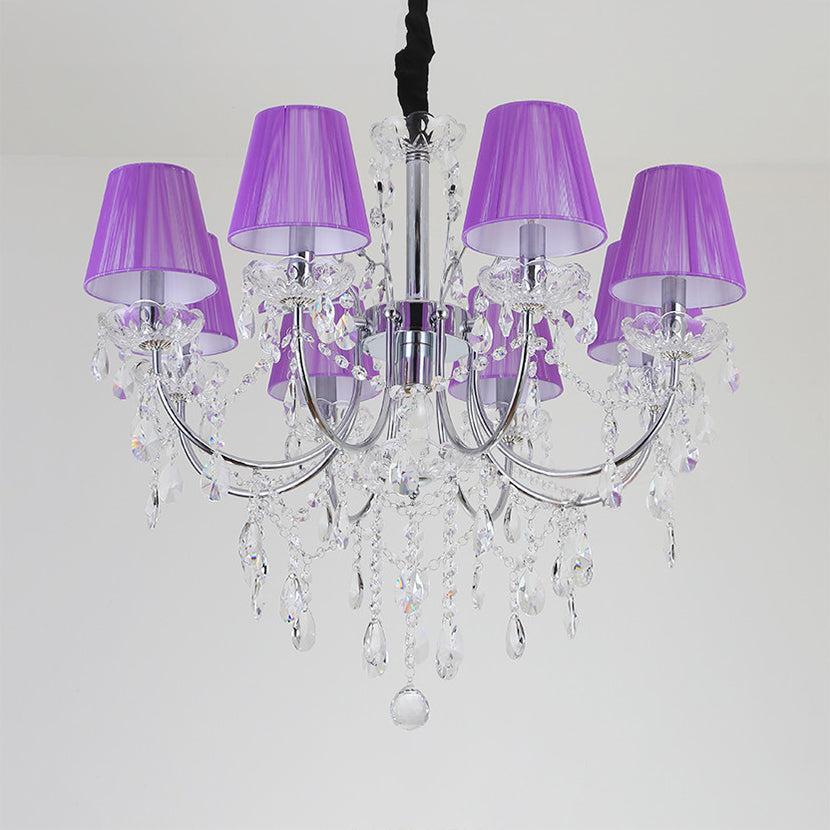 Kids Bedroom Lighting Crystal Chandelies 8 Light Fabric Shade Hanging Light in Nickel Finish Clearhalo 'Ceiling Lights' 'Chandeliers' Lighting' options 135109