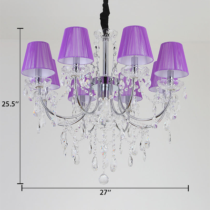 Kids Bedroom Lighting Crystal Chandelies 8 Light Fabric Shade Hanging Light in Nickel Finish Clearhalo 'Ceiling Lights' 'Chandeliers' Lighting' options 135110