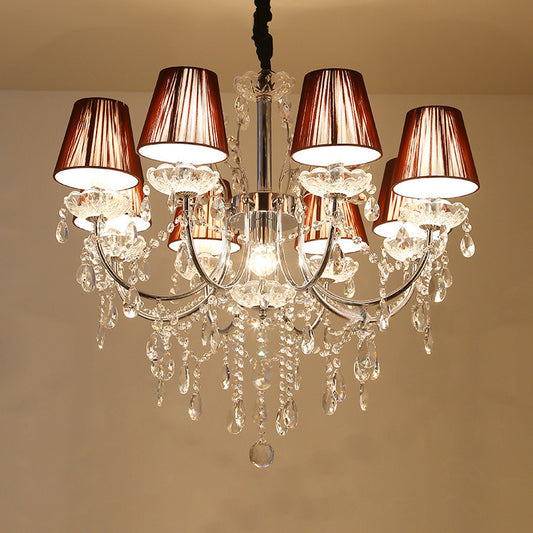 Kids Bedroom Lighting Crystal Chandelies 8 Light Fabric Shade Hanging Light in Nickel Finish Clearhalo 'Ceiling Lights' 'Chandeliers' Lighting' options 135112