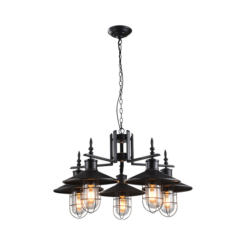 5-Light Cone Chandelier Industrial Black Clear Glass Pendant Light Fixture for Dining Room with Iron Cage Clearhalo 'Cast Iron' 'Ceiling Lights' 'Chandeliers' 'Industrial Chandeliers' 'Industrial' 'Metal' 'Middle Century Chandeliers' 'Rustic Chandeliers' 'Tiffany' Lighting' 135375