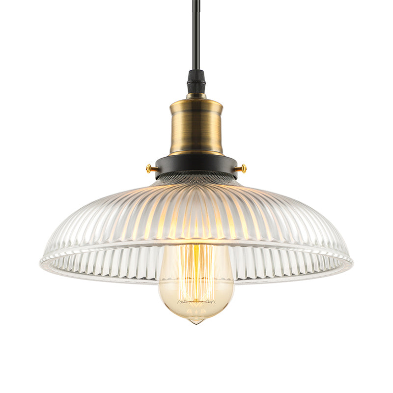 1-Light Ceiling Pendant Light Industrial Dome-Shaped Ribbed Glass Hanging Lamp for Coffee Shop in Brass Clearhalo 'Ceiling Lights' 'Glass shade' 'Glass' 'Industrial Pendants' 'Industrial' 'Middle Century Pendants' 'Pendant Lights' 'Pendants' 'Tiffany' Lighting' 135712