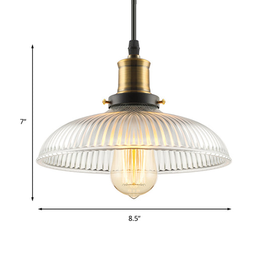 1-Light Ceiling Pendant Light Industrial Dome-Shaped Ribbed Glass Hanging Lamp for Coffee Shop in Brass Clearhalo 'Ceiling Lights' 'Glass shade' 'Glass' 'Industrial Pendants' 'Industrial' 'Middle Century Pendants' 'Pendant Lights' 'Pendants' 'Tiffany' Lighting' 135713