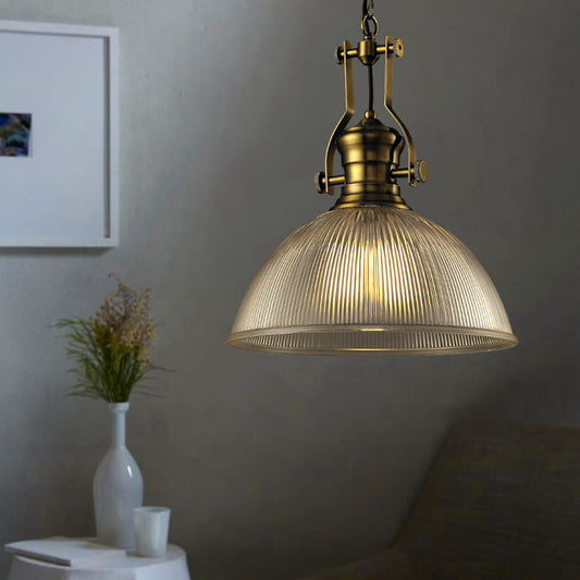 12"/15" Wide Dome Pendant Light Industrial 1 Light Ribbed Glass Hanging Lamp in Brass for Dining Room Clear Clearhalo 'Ceiling Lights' 'Glass shade' 'Glass' 'Industrial Pendants' 'Industrial' 'Middle Century Pendants' 'Pendant Lights' 'Pendants' 'Tiffany' Lighting' 135757
