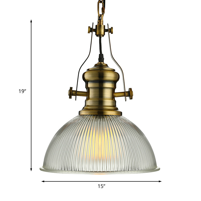12"/15" Wide Dome Pendant Light Industrial 1 Light Ribbed Glass Hanging Lamp in Brass for Dining Room Clearhalo 'Ceiling Lights' 'Glass shade' 'Glass' 'Industrial Pendants' 'Industrial' 'Middle Century Pendants' 'Pendant Lights' 'Pendants' 'Tiffany' Lighting' 135760