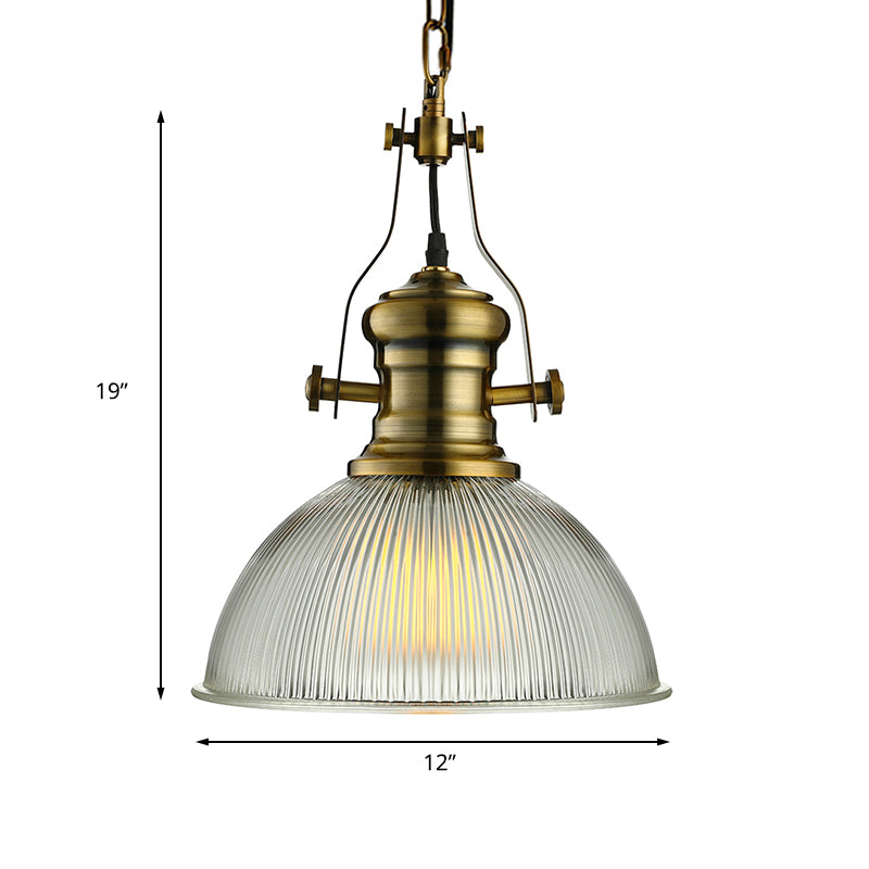 12"/15" Wide Dome Pendant Light Industrial 1 Light Ribbed Glass Hanging Lamp in Brass for Dining Room Clearhalo 'Ceiling Lights' 'Glass shade' 'Glass' 'Industrial Pendants' 'Industrial' 'Middle Century Pendants' 'Pendant Lights' 'Pendants' 'Tiffany' Lighting' 135761