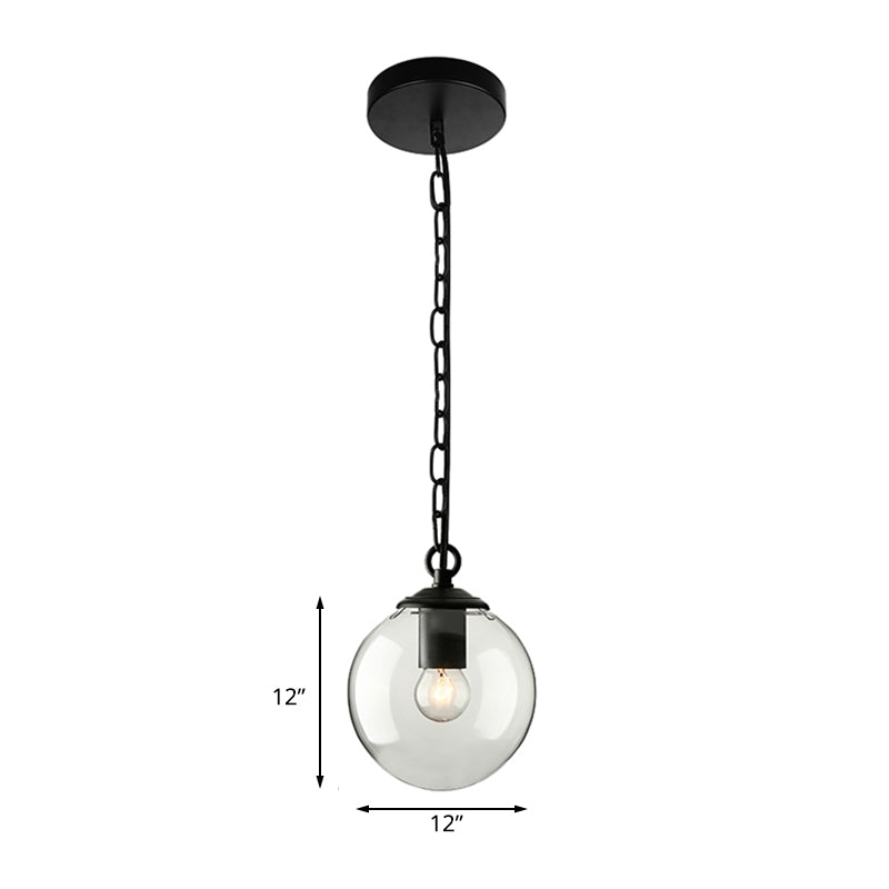Black Globe Pendant Ceiling Light Farmhouse Clear Glass Single-Bulb Dining Room Hanging Lamp with Chain, 8"/10"/12" Wide Clearhalo 'Ceiling Lights' 'Glass shade' 'Glass' 'Industrial Pendants' 'Industrial' 'Middle Century Pendants' 'Pendant Lights' 'Pendants' 'Tiffany' Lighting' 135788