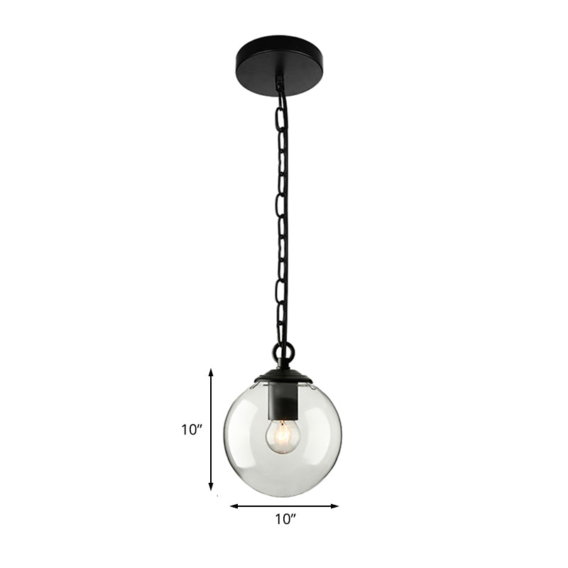 Black Globe Pendant Ceiling Light Farmhouse Clear Glass Single-Bulb Dining Room Hanging Lamp with Chain, 8"/10"/12" Wide Clearhalo 'Ceiling Lights' 'Glass shade' 'Glass' 'Industrial Pendants' 'Industrial' 'Middle Century Pendants' 'Pendant Lights' 'Pendants' 'Tiffany' Lighting' 135789