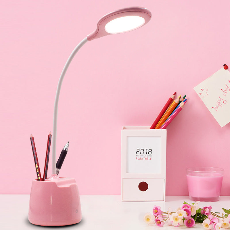 Blue/Pink/White Round Shade Standing Desk Lamp USB Charging LED Reading Light with Pen Holder Pink Clearhalo 'Desk Lamps' 'Lamps' Lighting' 135810