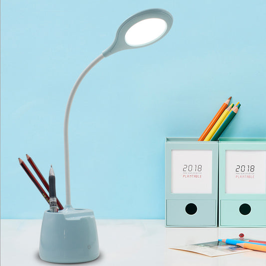 Blue/Pink/White Round Shade Standing Desk Lamp USB Charging LED Reading Light with Pen Holder Blue Clearhalo 'Desk Lamps' 'Lamps' Lighting' 135813