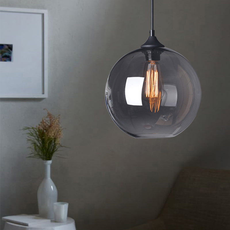 8"/10"/12" Wide Globe Pendant Light Industrial 1 Light Grey/Clear Glass Hanging Lamp in Black Grey Clearhalo 'Ceiling Lights' 'Glass shade' 'Glass' 'Industrial Pendants' 'Industrial' 'Middle Century Pendants' 'Pendant Lights' 'Pendants' 'Tiffany' Lighting' 135820