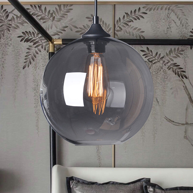 8"/10"/12" Wide Globe Pendant Light Industrial 1 Light Grey/Clear Glass Hanging Lamp in Black Clearhalo 'Ceiling Lights' 'Glass shade' 'Glass' 'Industrial Pendants' 'Industrial' 'Middle Century Pendants' 'Pendant Lights' 'Pendants' 'Tiffany' Lighting' 135821