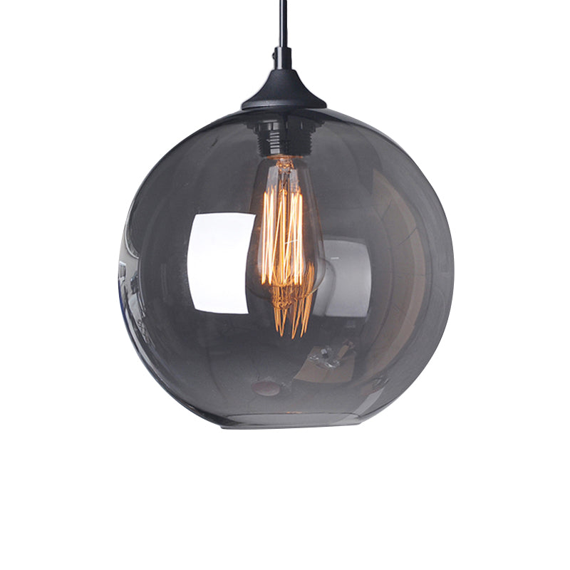 8"/10"/12" Wide Globe Pendant Light Industrial 1 Light Grey/Clear Glass Hanging Lamp in Black Clearhalo 'Ceiling Lights' 'Glass shade' 'Glass' 'Industrial Pendants' 'Industrial' 'Middle Century Pendants' 'Pendant Lights' 'Pendants' 'Tiffany' Lighting' 135822