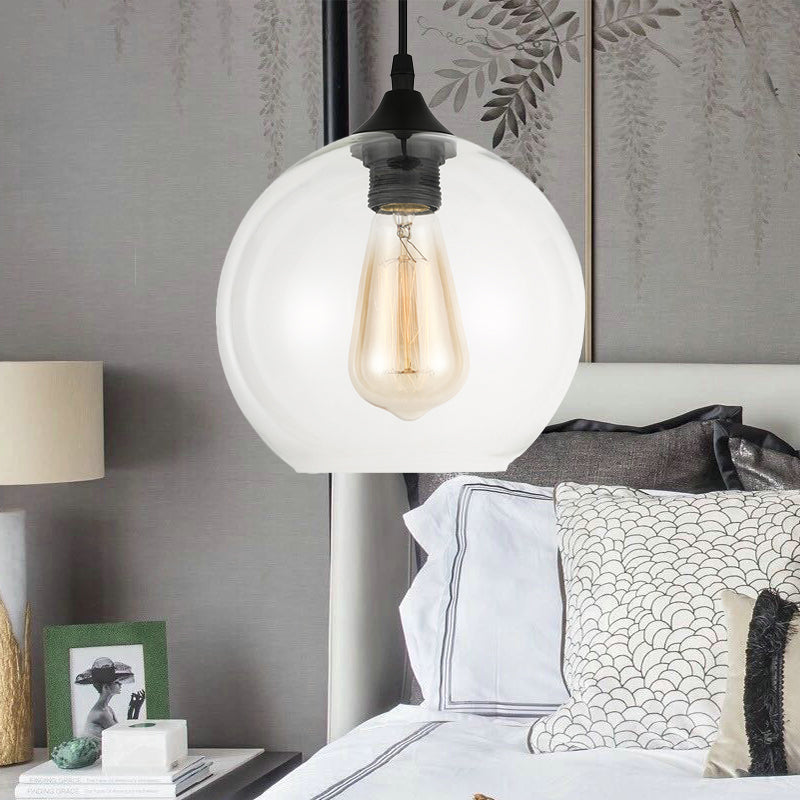 8"/10"/12" Wide Globe Pendant Light Industrial 1 Light Grey/Clear Glass Hanging Lamp in Black Clear Clearhalo 'Ceiling Lights' 'Glass shade' 'Glass' 'Industrial Pendants' 'Industrial' 'Middle Century Pendants' 'Pendant Lights' 'Pendants' 'Tiffany' Lighting' 135824