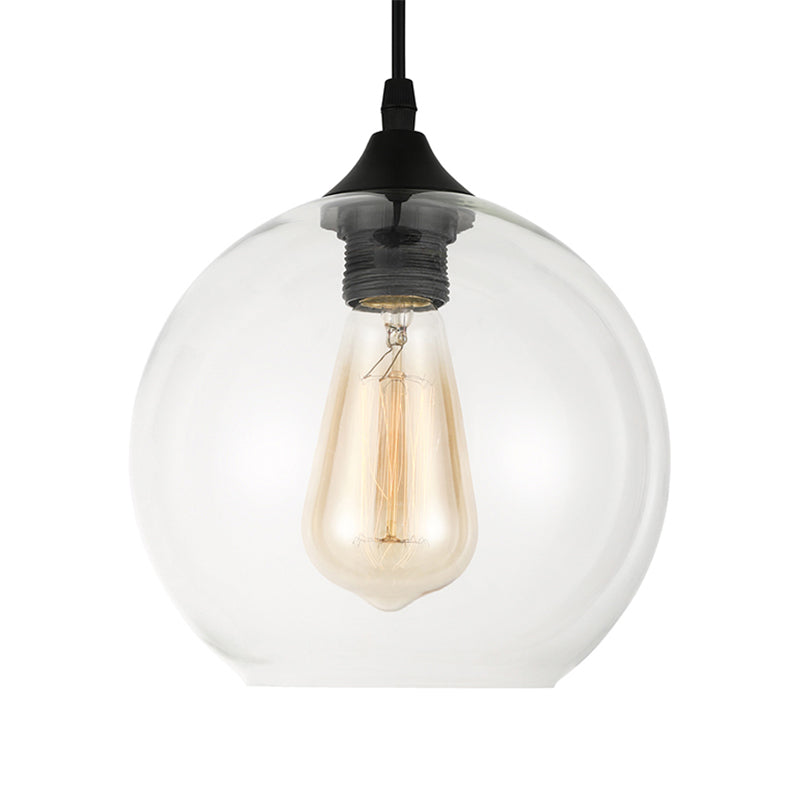 8"/10"/12" Wide Globe Pendant Light Industrial 1 Light Grey/Clear Glass Hanging Lamp in Black Clearhalo 'Ceiling Lights' 'Glass shade' 'Glass' 'Industrial Pendants' 'Industrial' 'Middle Century Pendants' 'Pendant Lights' 'Pendants' 'Tiffany' Lighting' 135825