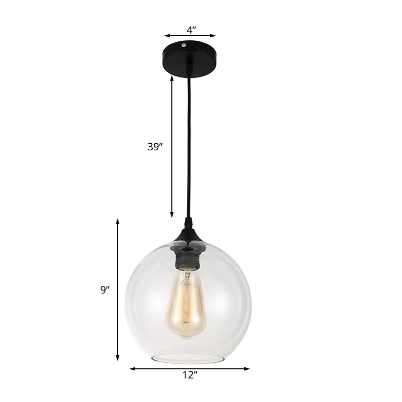 8"/10"/12" Wide Globe Pendant Light Industrial 1 Light Grey/Clear Glass Hanging Lamp in Black Clearhalo 'Ceiling Lights' 'Glass shade' 'Glass' 'Industrial Pendants' 'Industrial' 'Middle Century Pendants' 'Pendant Lights' 'Pendants' 'Tiffany' Lighting' 135826