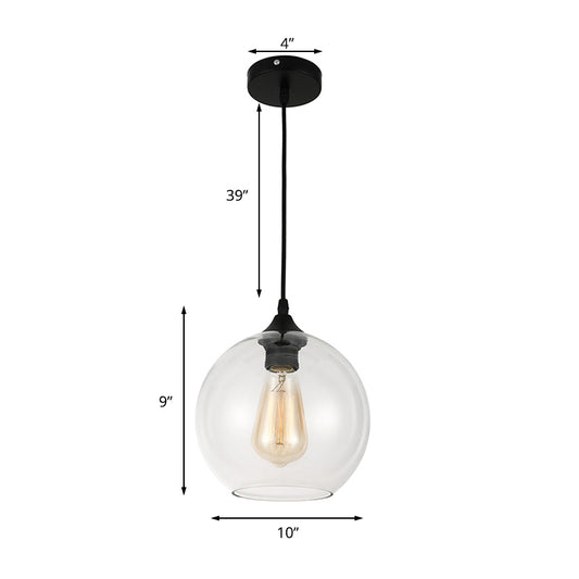 8"/10"/12" Wide Globe Pendant Light Industrial 1 Light Grey/Clear Glass Hanging Lamp in Black Clearhalo 'Ceiling Lights' 'Glass shade' 'Glass' 'Industrial Pendants' 'Industrial' 'Middle Century Pendants' 'Pendant Lights' 'Pendants' 'Tiffany' Lighting' 135827