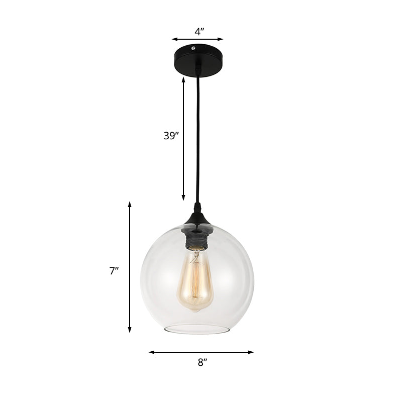 8"/10"/12" Wide Globe Pendant Light Industrial 1 Light Grey/Clear Glass Hanging Lamp in Black Clearhalo 'Ceiling Lights' 'Glass shade' 'Glass' 'Industrial Pendants' 'Industrial' 'Middle Century Pendants' 'Pendant Lights' 'Pendants' 'Tiffany' Lighting' 135828