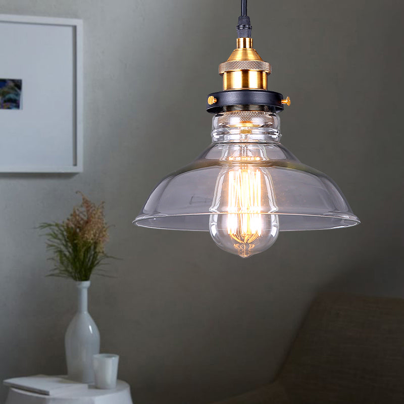 Dome Pendant Light Industrial Single-Bulb Brown/Clear Glass Hanging Lamp in Brass, 8"/10"/11" Wide Clear Clearhalo 'Ceiling Lights' 'Glass shade' 'Glass' 'Industrial Pendants' 'Industrial' 'Middle Century Pendants' 'Pendant Lights' 'Pendants' 'Tiffany' Lighting' 135867