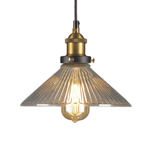 Single Light Hanging Ceiling Light with Cone Shade Ribbed Glass Industrial Dining Room Pendant Lighting in Black/Clear Clearhalo 'Ceiling Lights' 'Glass shade' 'Glass' 'Industrial Pendants' 'Industrial' 'Middle Century Pendants' 'Pendant Lights' 'Pendants' 'Tiffany' Lighting' 136142