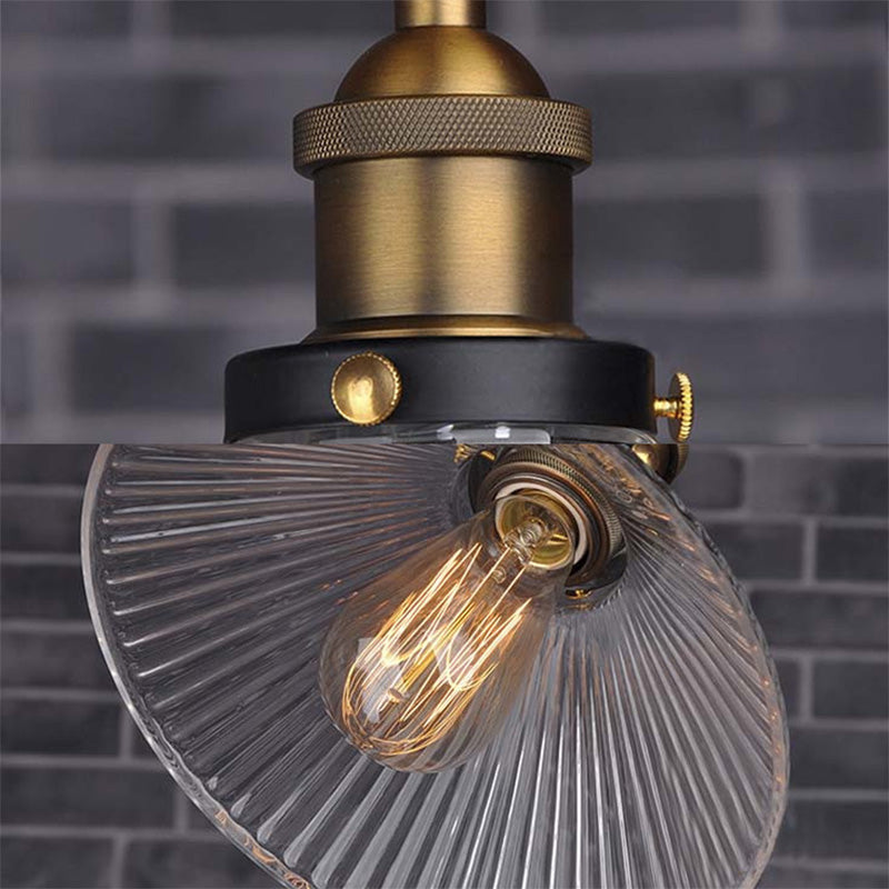 Single Light Hanging Ceiling Light with Cone Shade Ribbed Glass Industrial Dining Room Pendant Lighting in Black/Clear Clearhalo 'Ceiling Lights' 'Glass shade' 'Glass' 'Industrial Pendants' 'Industrial' 'Middle Century Pendants' 'Pendant Lights' 'Pendants' 'Tiffany' Lighting' 136144