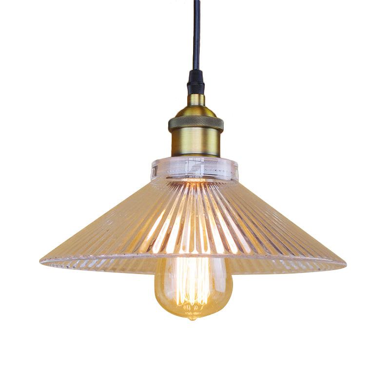 Single Light Hanging Ceiling Light with Cone Shade Ribbed Glass Industrial Dining Room Pendant Lighting in Black/Clear Clearhalo 'Ceiling Lights' 'Glass shade' 'Glass' 'Industrial Pendants' 'Industrial' 'Middle Century Pendants' 'Pendant Lights' 'Pendants' 'Tiffany' Lighting' 136147