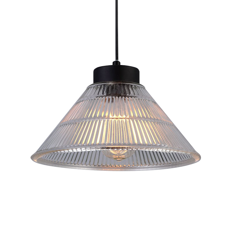 Black/Brass Cone Pendant Ceiling Light Farmhouse Ribbed Glass Single-Bulb Dining Room Hanging Lamp Clearhalo 'Ceiling Lights' 'Glass shade' 'Glass' 'Industrial Pendants' 'Industrial' 'Middle Century Pendants' 'Pendant Lights' 'Pendants' 'Tiffany' Lighting' 136150