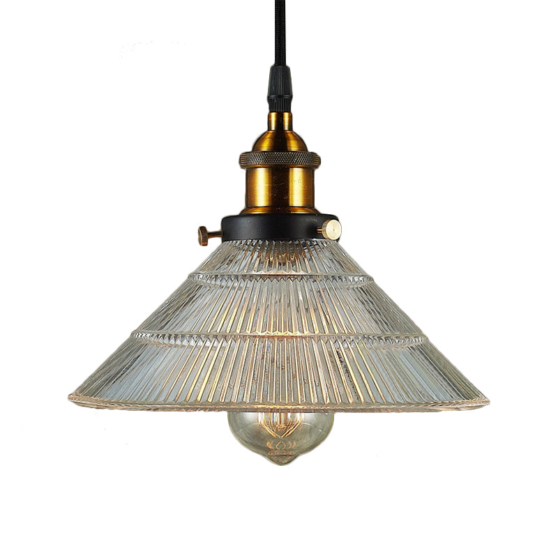 Black/Brass Cone Pendant Ceiling Light Farmhouse Ribbed Glass Single-Bulb Dining Room Hanging Lamp Clearhalo 'Ceiling Lights' 'Glass shade' 'Glass' 'Industrial Pendants' 'Industrial' 'Middle Century Pendants' 'Pendant Lights' 'Pendants' 'Tiffany' Lighting' 136154
