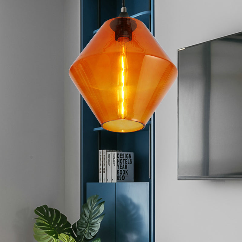 Single Light Diamond Shade Ceiling Pendant Light Vintage Black Orange/Blue/Green Glass Hanging Lamp Clearhalo 'Ceiling Lights' 'Close To Ceiling Lights' 'Glass shade' 'Glass' 'Industrial Pendants' 'Industrial' 'Middle Century Pendants' 'Pendant Lights' 'Pendants' 'Tiffany' Lighting' 136165