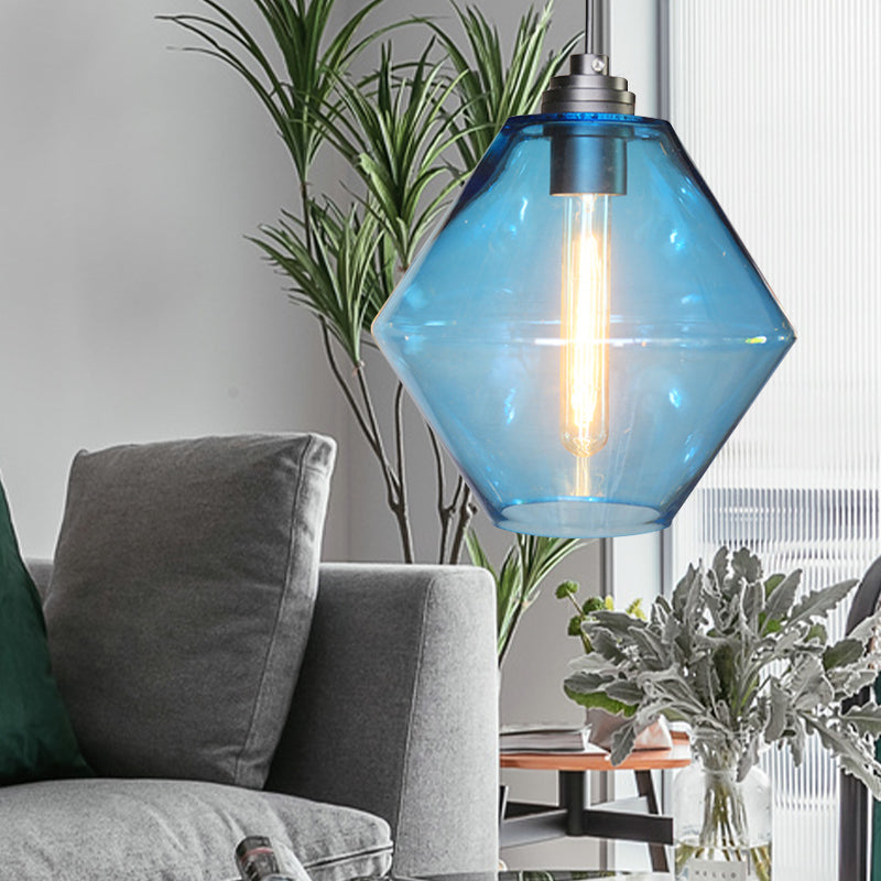 Single Light Diamond Shade Ceiling Pendant Light Vintage Black Orange/Blue/Green Glass Hanging Lamp Clearhalo 'Ceiling Lights' 'Close To Ceiling Lights' 'Glass shade' 'Glass' 'Industrial Pendants' 'Industrial' 'Middle Century Pendants' 'Pendant Lights' 'Pendants' 'Tiffany' Lighting' 136169