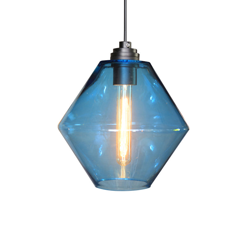Single Light Diamond Shade Ceiling Pendant Light Vintage Black Orange/Blue/Green Glass Hanging Lamp Clearhalo 'Ceiling Lights' 'Close To Ceiling Lights' 'Glass shade' 'Glass' 'Industrial Pendants' 'Industrial' 'Middle Century Pendants' 'Pendant Lights' 'Pendants' 'Tiffany' Lighting' 136170