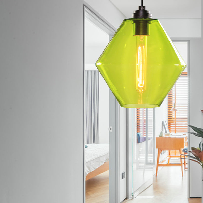 Single Light Diamond Shade Ceiling Pendant Light Vintage Black Orange/Blue/Green Glass Hanging Lamp Green Clearhalo 'Ceiling Lights' 'Close To Ceiling Lights' 'Glass shade' 'Glass' 'Industrial Pendants' 'Industrial' 'Middle Century Pendants' 'Pendant Lights' 'Pendants' 'Tiffany' Lighting' 136171